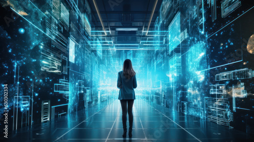 Woman in a Digital Server Room. Empowering Connectivity  Security   Data Storage in the Future of Technology  Networking   Information cloud.