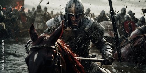 Medieval Armored Knights Battle over their horses, fighting with honor, movie cine still image