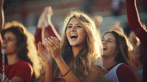Fans cheering for their team. Smiling, joyful teenage girl high school cheerleaders applauding on the sideline during a football game with the background capturing the energetic atmosphere.Generativ