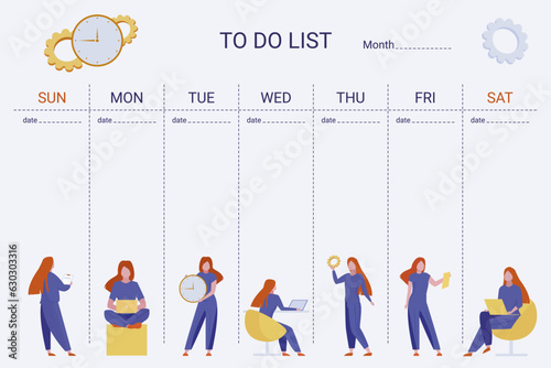 To do list for seven days of week vector illustration. Young woman working on laptop, holding clock or planning chores. Calendar planner with tables. Time management, productivity concept