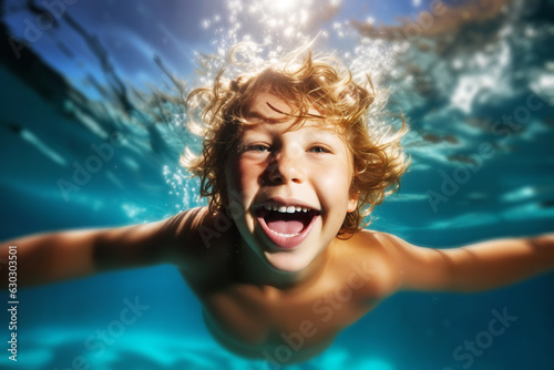 A happy beautiful kid having fun underwater pool. Generative ai © Maksim Kostenko