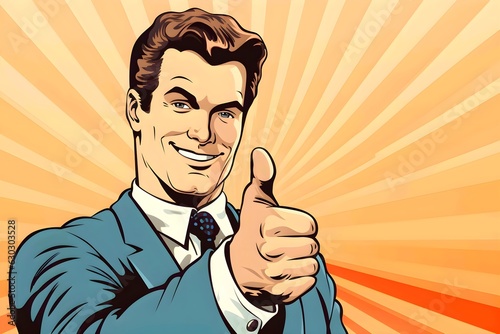 Thumbs Up Businessman. Businessman like gesture, thumb up, retro comic style, advertising poster, charming. Generative AI