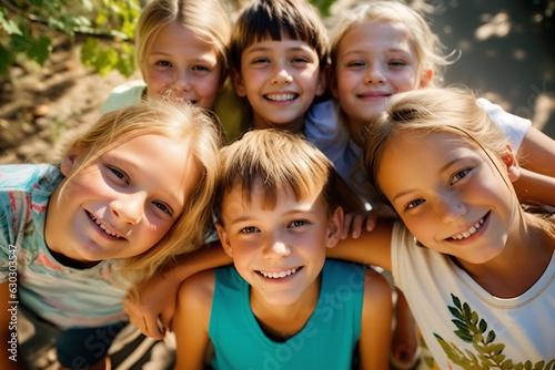 Group portrait of happy children on a sunny summer day. Generative ai