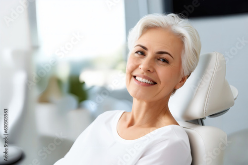 Dentistry. Portrait of an elderly charming lady with beautiful straight teeth sitting in a stomatology chair. Generative ai