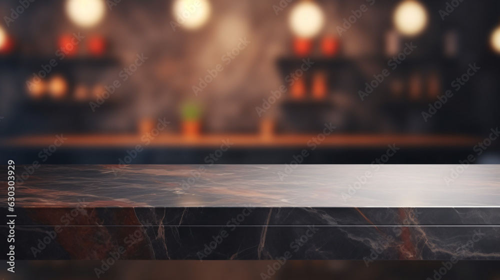 Modern Empty Dark Marble Table Top with Blurry Bokeh Kitchen Room Interior Background
