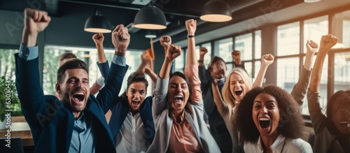 celebrate greeting successful business people teamwork business team hand rising up victory hand gesture strategy achieve target goal together in modern office,ai generate