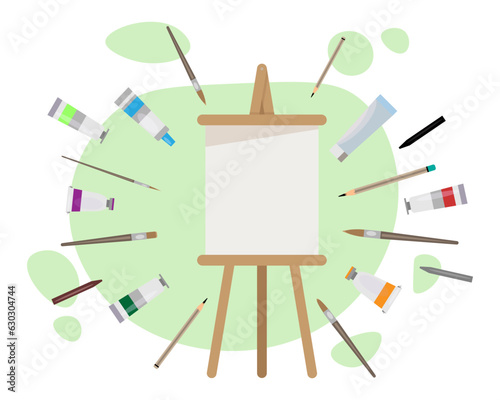 Art equipment around empty canvas vector illustration. Paint tubes, brushes, pencils, erasers and other tools or supplies for painting. Art, hobby, self-expression concept