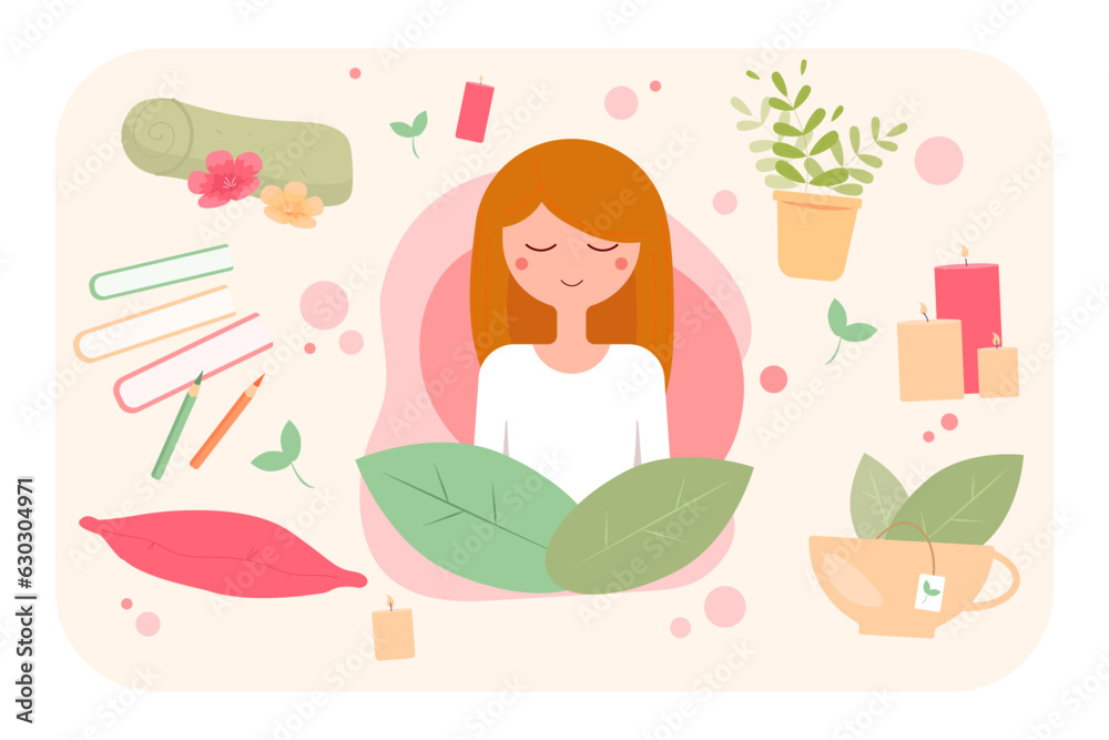 Happy woman using well-being tools vector illustration. Cup of green tea, candles, flowers, books and massage blanket helping people relax. Aromatherapy, health care, mental peace concept Happy woman using well-being tools vector illustration. Cup of green tea, candles, flowers, books and massage blanket helping people relax. Aromatherapy, health care, mental peace concept