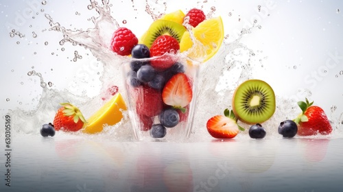 smoothie with splash and fresh fruits on light background