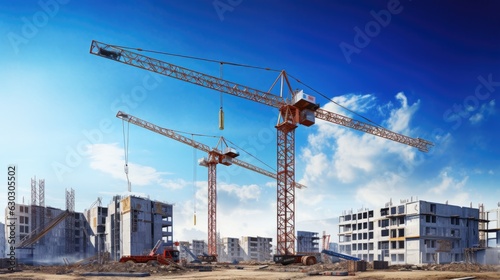 Crane and building construction site on blue sky background