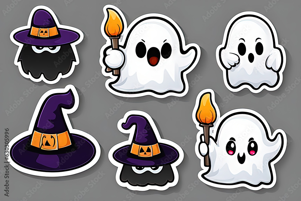 Colección de lindas pegatinas para portadas, álbumes de recortes, decoración del hogar. Pegatinas de Halloween con fantasmas. Ilustración creada con herramientas generativas de IA.	
