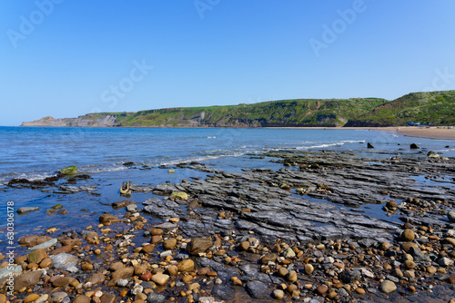 Rock strewn foreshore of Runswick Bay in North Yorkshire. photo