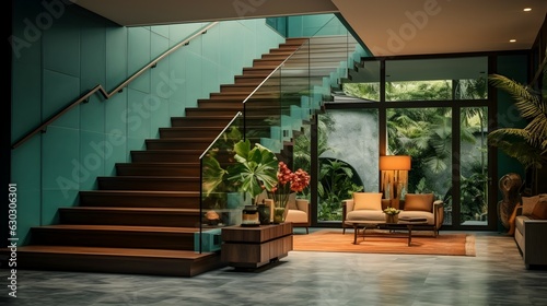 Interior design of modern entrance hall with staircase in villa. rainforset outside. generative AI illustration.