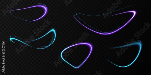 Set of abstract light lines of movement and speed. light blue and purple ellipse. Brilliant galaxy. Glowing podium. Space tunnel. Light everyday glowing effect. semicircular wave, light vortex wake.
