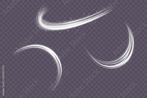 Set of abstract light lines of movement and speed. White. Bright galaxy.