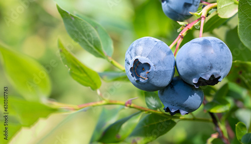 ripe blueberries on a branch with green blurred garden as background