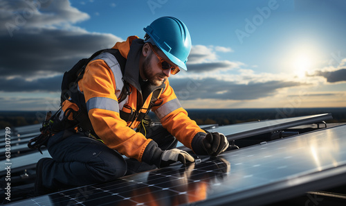 The solar farm(solar panel) with two engineers walk to check the operation of the system, Alternative energy to conserve the world's energy, Photovoltaic module idea for clean energy production. 