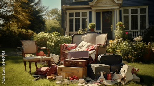 Messy cluttered front yard from spring cleaning, decluttering house