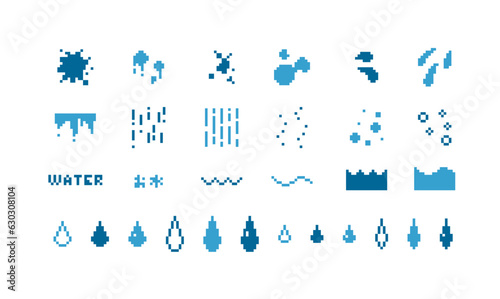 ドット絵　雫　ドリップ　飛沫　波　水位　水のイラスト装飾セット　ピクセル