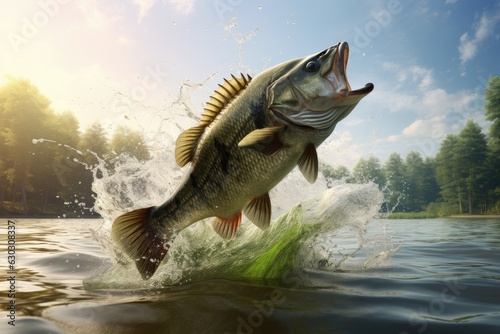 Bass Jumping out of water on lake photo