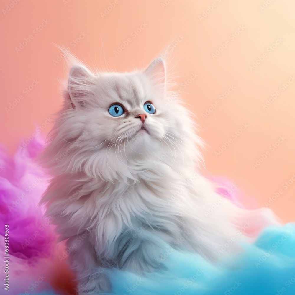 Fun creative pastel concept of a beautiful cat on a pastel peach background, Illustration. Generative AI. Fun creative pastel concept of a beautiful cat on a pastel peach background, Illustration. Generative AI.