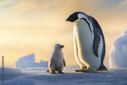 Two majestic white and grey Emperor Penguins stand side by side  Generative Ai