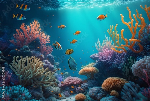 Tropical underwater fish in coral reefs. Underwater panorama. generative ai