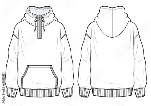half zip-up hoodie front and back view flat sketch vector illustration mockup template