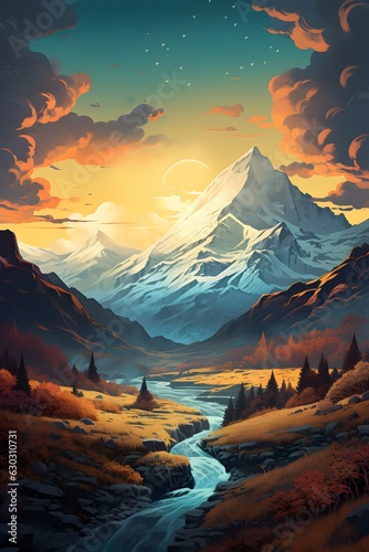 An illustration of a landscape with mountain background. generative AI.