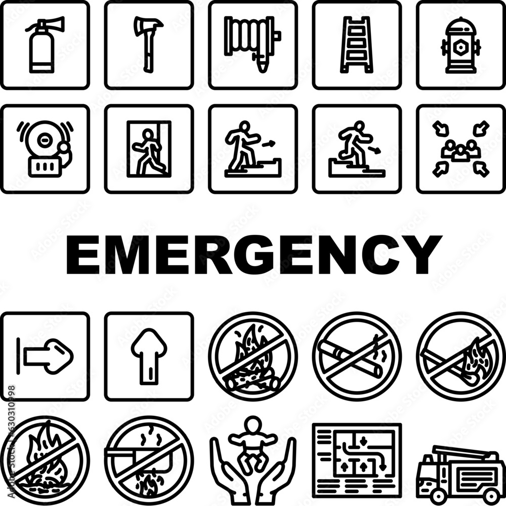 emergency fire exit safety escape icons set vector. building green ...