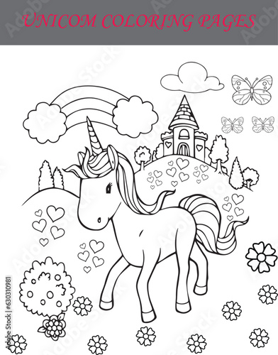 Free vector cute coloring book with unicorn,