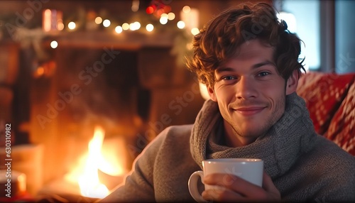 man sipping hot cocoa by the fireplace, Christmas relaxation, festive beverages