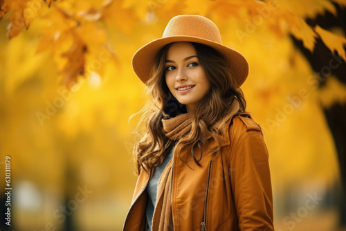 Portrait of a beautiful woman in the park in autumn