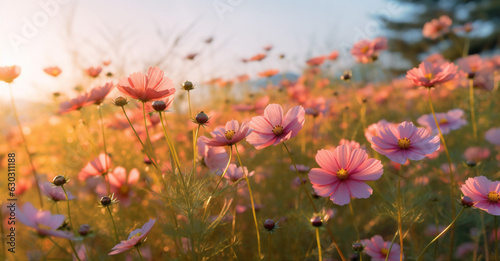 beautiful field sunset violet meadow nature flower white background blooming pink. Generative AI. © VICHIZH