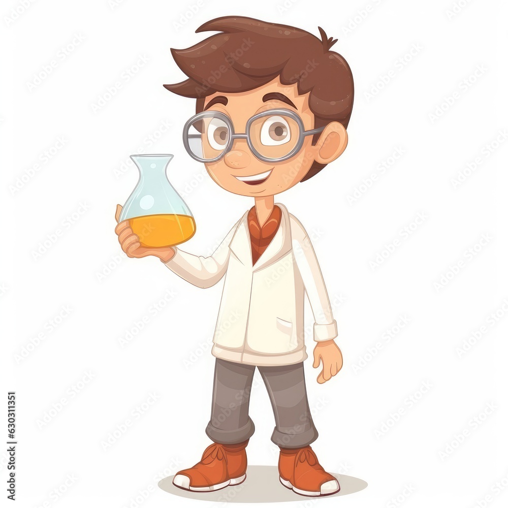 Boy holding a science beaker, cartoon style, single, white background. AI generated