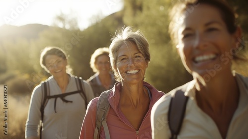 Happy and smiling senior people hiking in mountains. photo