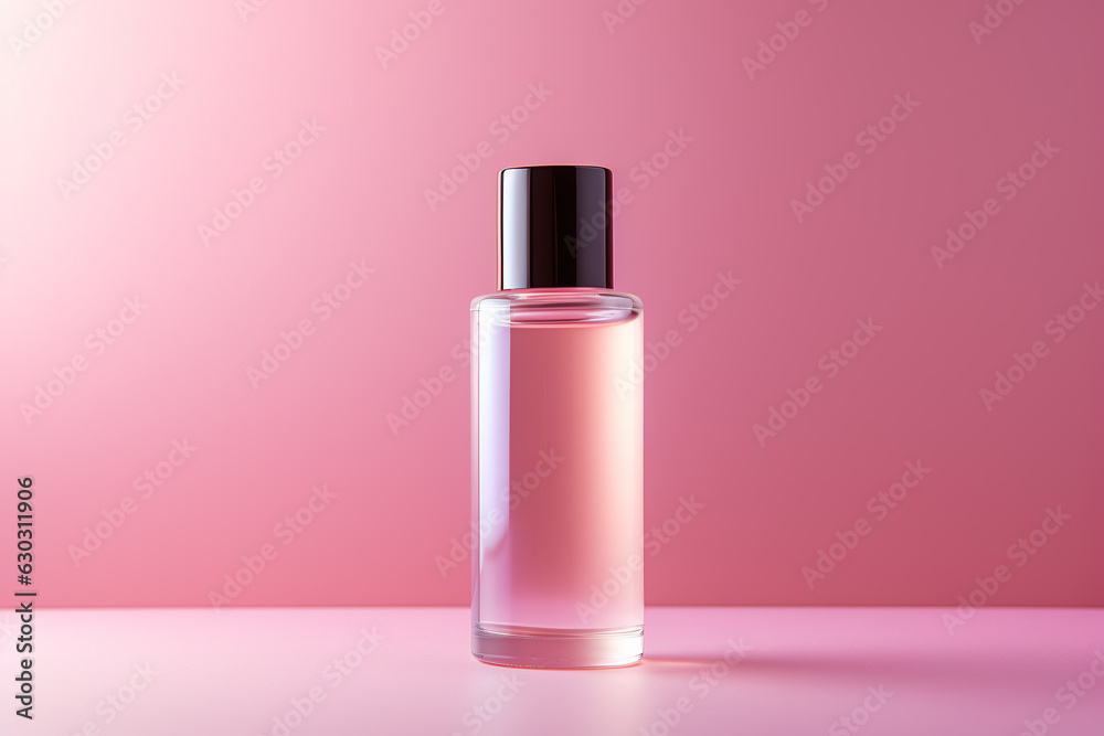 Serum bottle with clean label on light pink background Serum bottle with clean label on light pink background