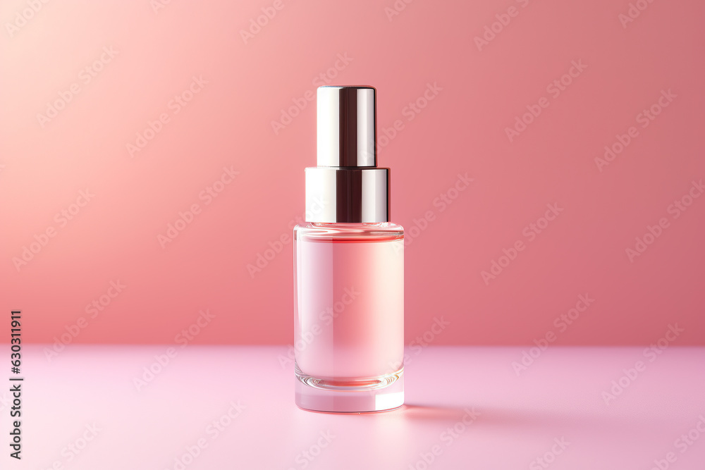Serum bottle with clean label on light pink background