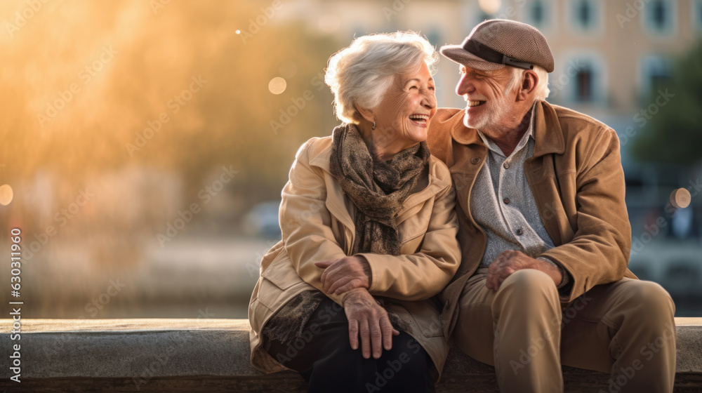 elderly couple enjoying and smiling together sitting on a bench. companionship in retirement elderly couple enjoying and smiling together sitting on a bench. companionship in retirement