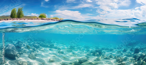 Panoramic Landscape of Water in the Sea or Ocean with Sunlight - Summer Background with Copy Space for Text or Product