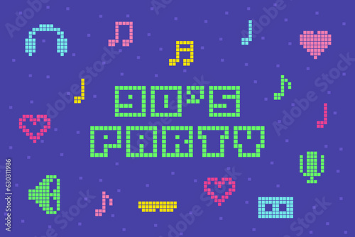 90s party text banner, retro style poster, bright pixeled letters on violet background, nineties editable invitation