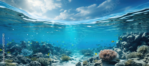 Panoramic Landscape of Water in the Sea or Ocean with Sunlight and Fishes - Summer Background with Copy Space for Text or Product