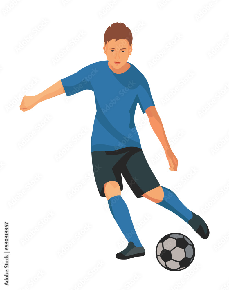 Teenage figure of playing football boy in blue uniform dribbling the ball on the field and goiing to kick a ball on a white background