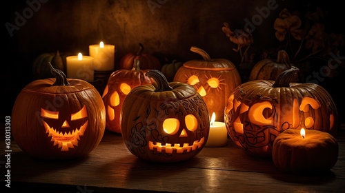 a group of spooky carved jack-o-lantern, Halloween pumpkin