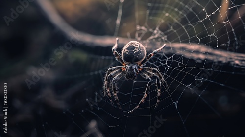 a close-up of a spider web with a big black spider in the center