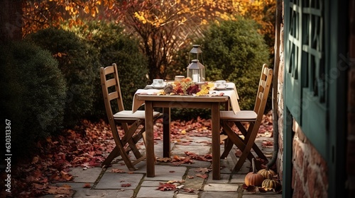 a cozy autumn backyard with a table and chairs