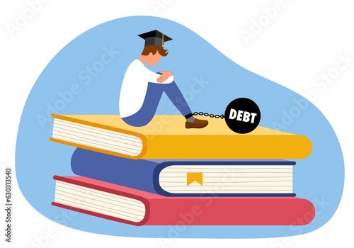 Educational money problem or student loan concept vector illustration. Unhappy student sitting on stack of books in flat design.