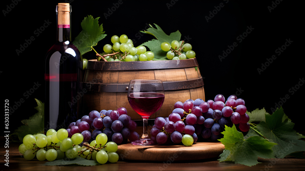 wine and grapes presensation on black background