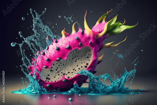 fresh dragon fruit with water splash. generative ai