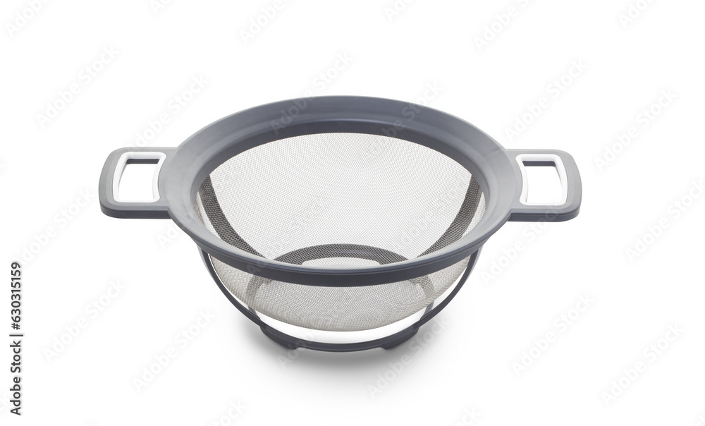 White plastic cooking colander or strainer with handles on transparent background.